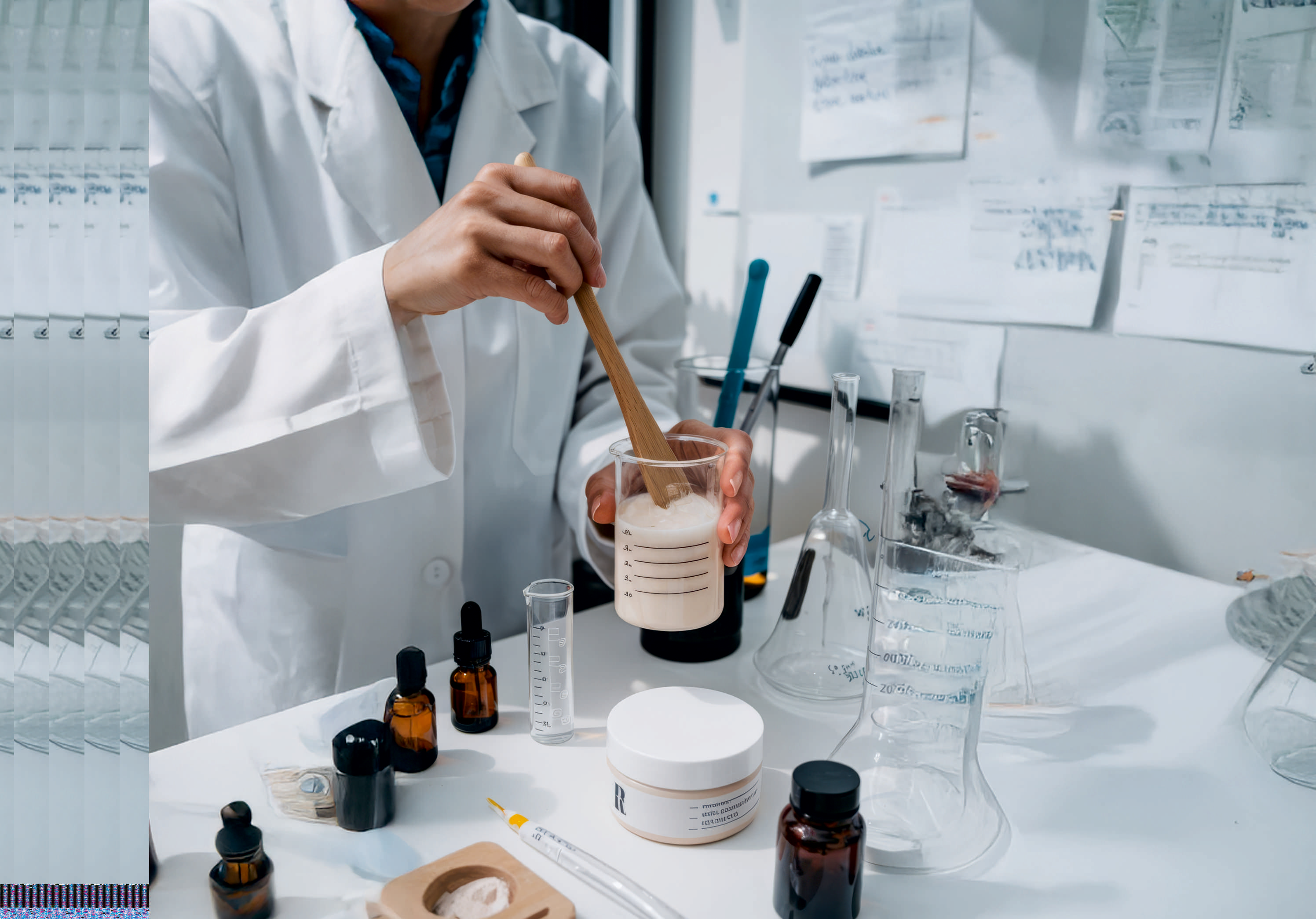 Auriga R&D laboratory bench with formulation beakers and prototype samples