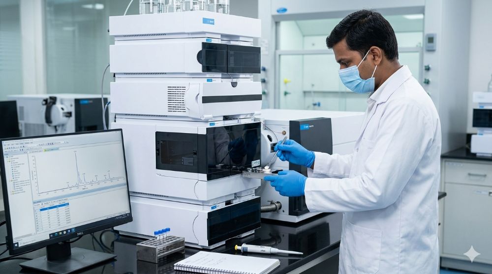 Auriga Research analyst operating an Agilent LC-MS/MS system — triple quadrupole MRM mode used for ICH M7 nitrosamine and NDSRI testing per the FDA Guidance Revision 2 (September 2024).